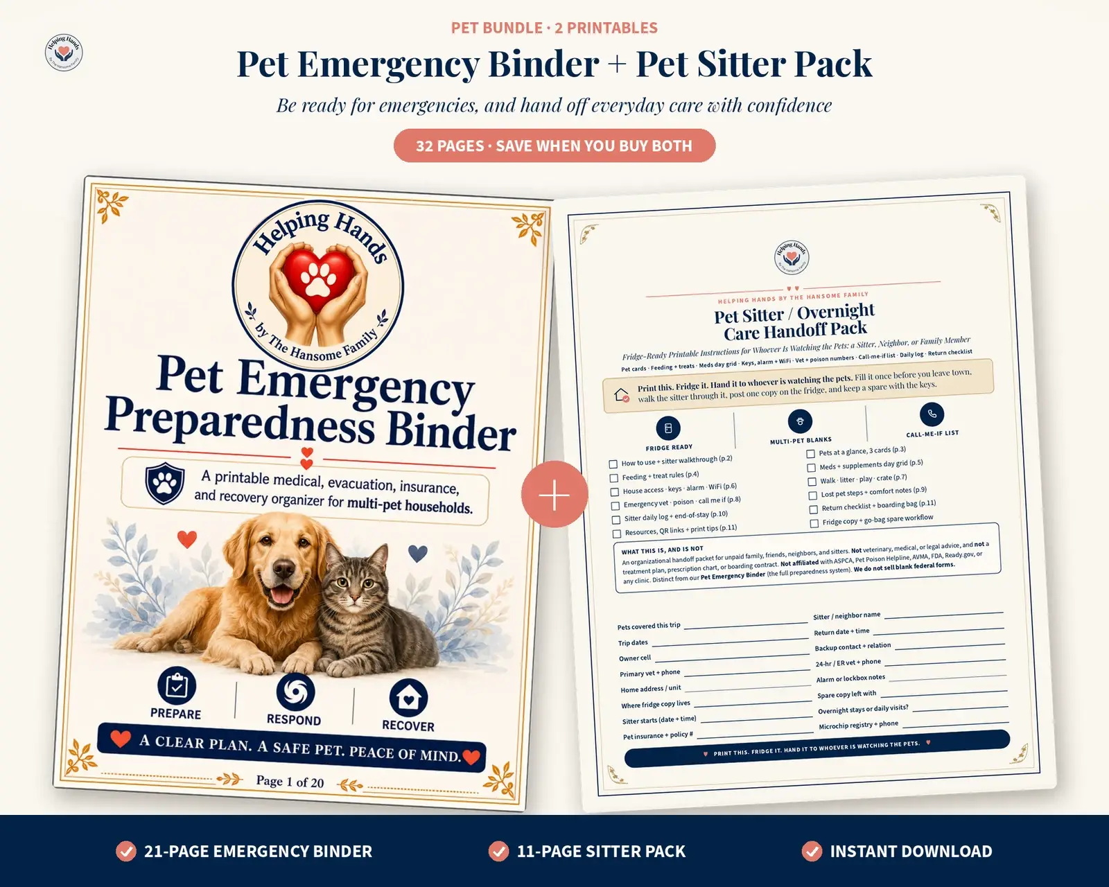 Pet Emergency Binder and Pet Sitter Pack shown side by side