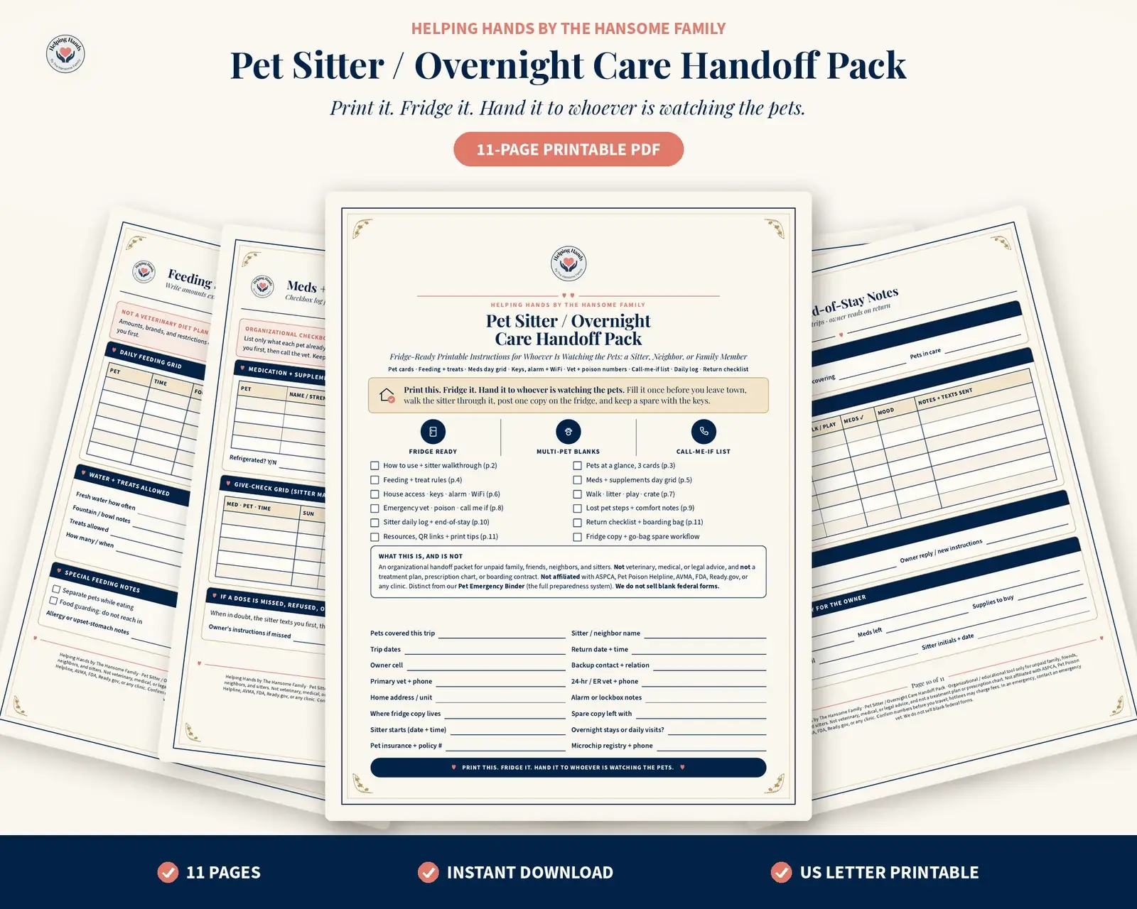 Pet Sitter and Overnight Care Handoff Pack cover with fanned printable pages