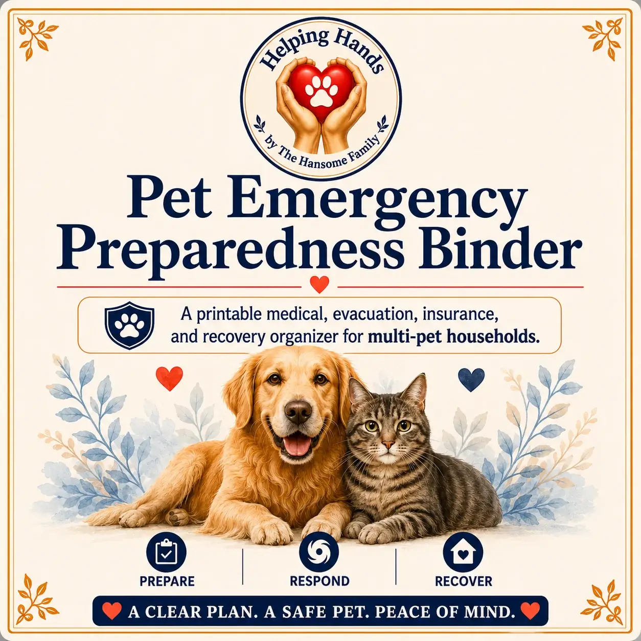 Cover of the Helping Hands Pet Emergency Preparedness Binder with a dog and cat illustration