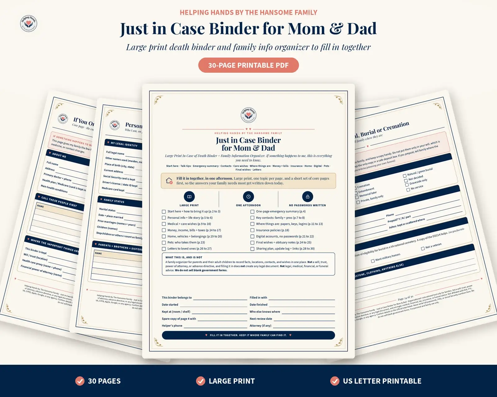Just in Case Binder for Mom and Dad cover with large print section list