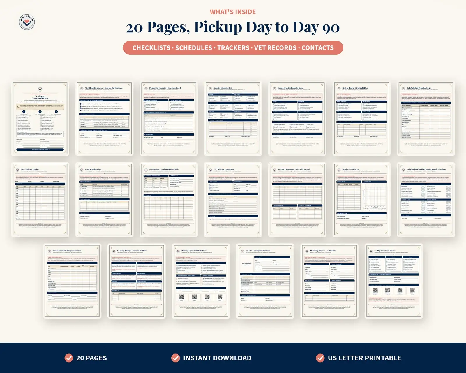 Overview of all 20 puppy planner pages