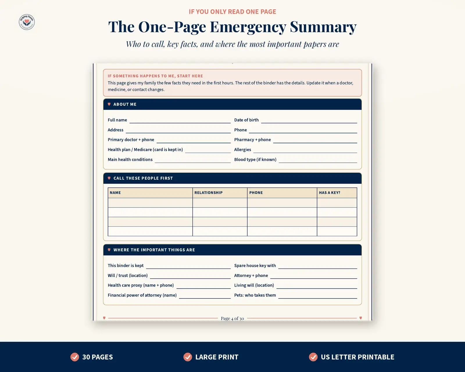 If You Only Read One Page emergency summary page