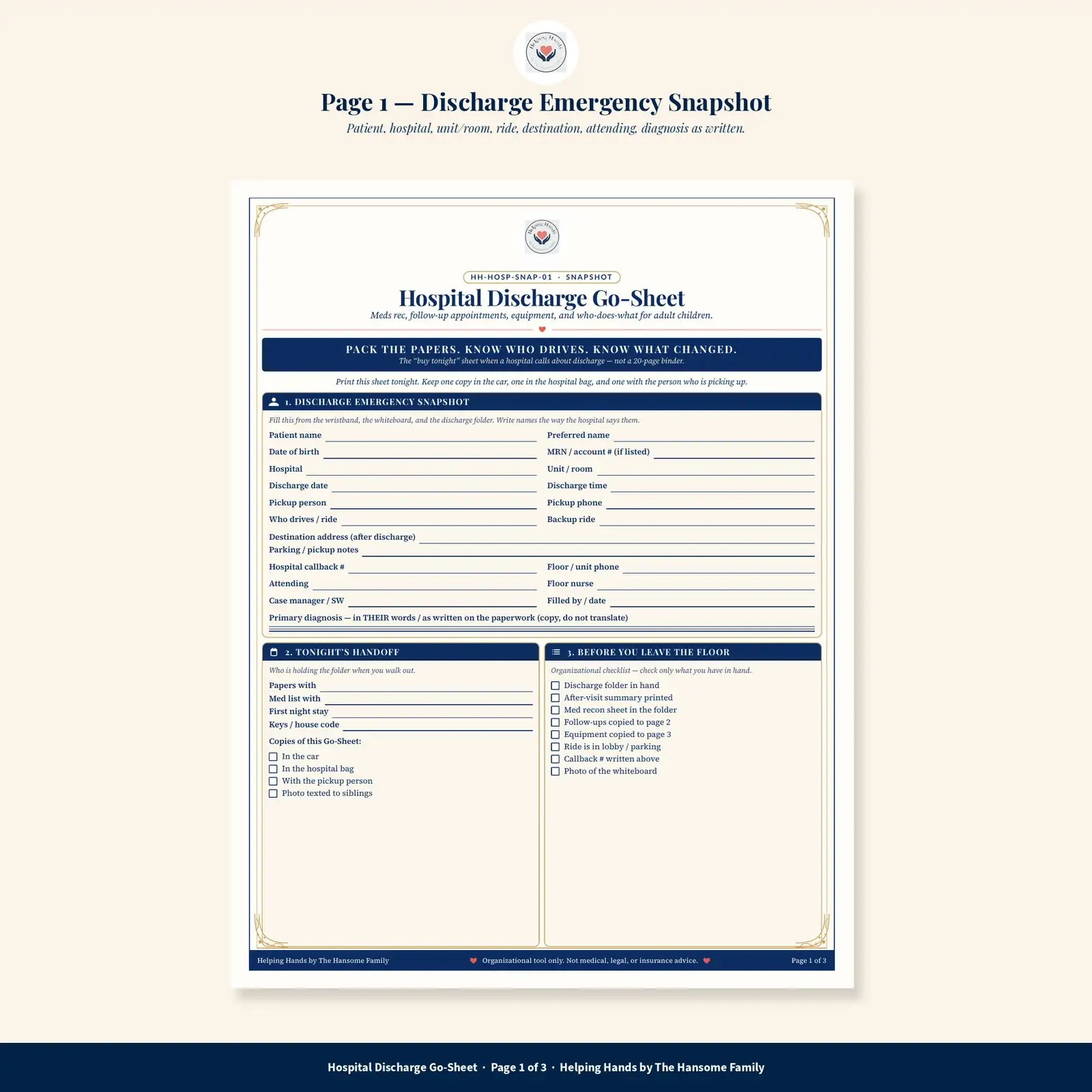 Page 1, discharge snapshot with pickup, destination, and hospital contacts