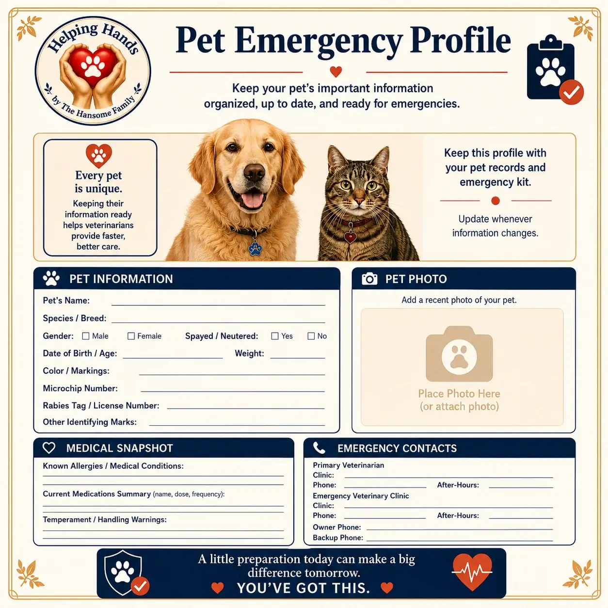 Pet Emergency Profile page with pet information, medical snapshot, and emergency contacts