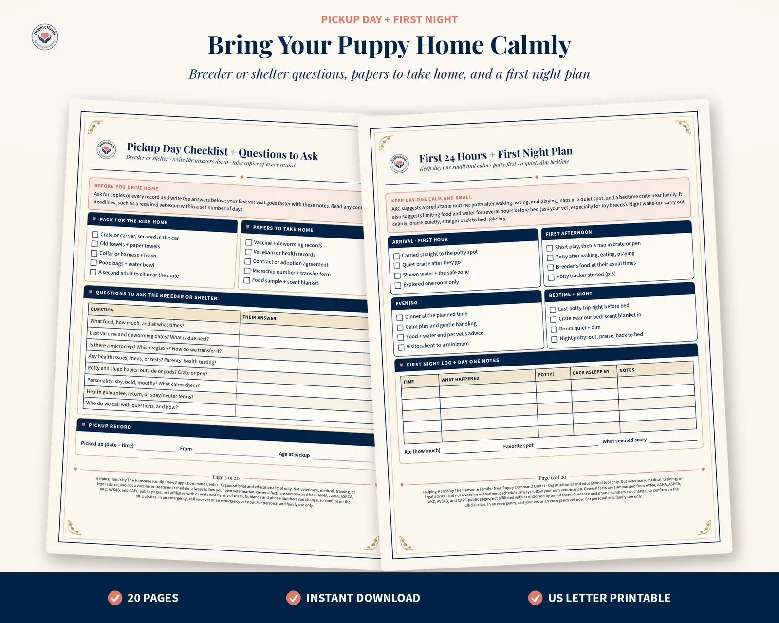 Pickup day checklist and first night plan pages