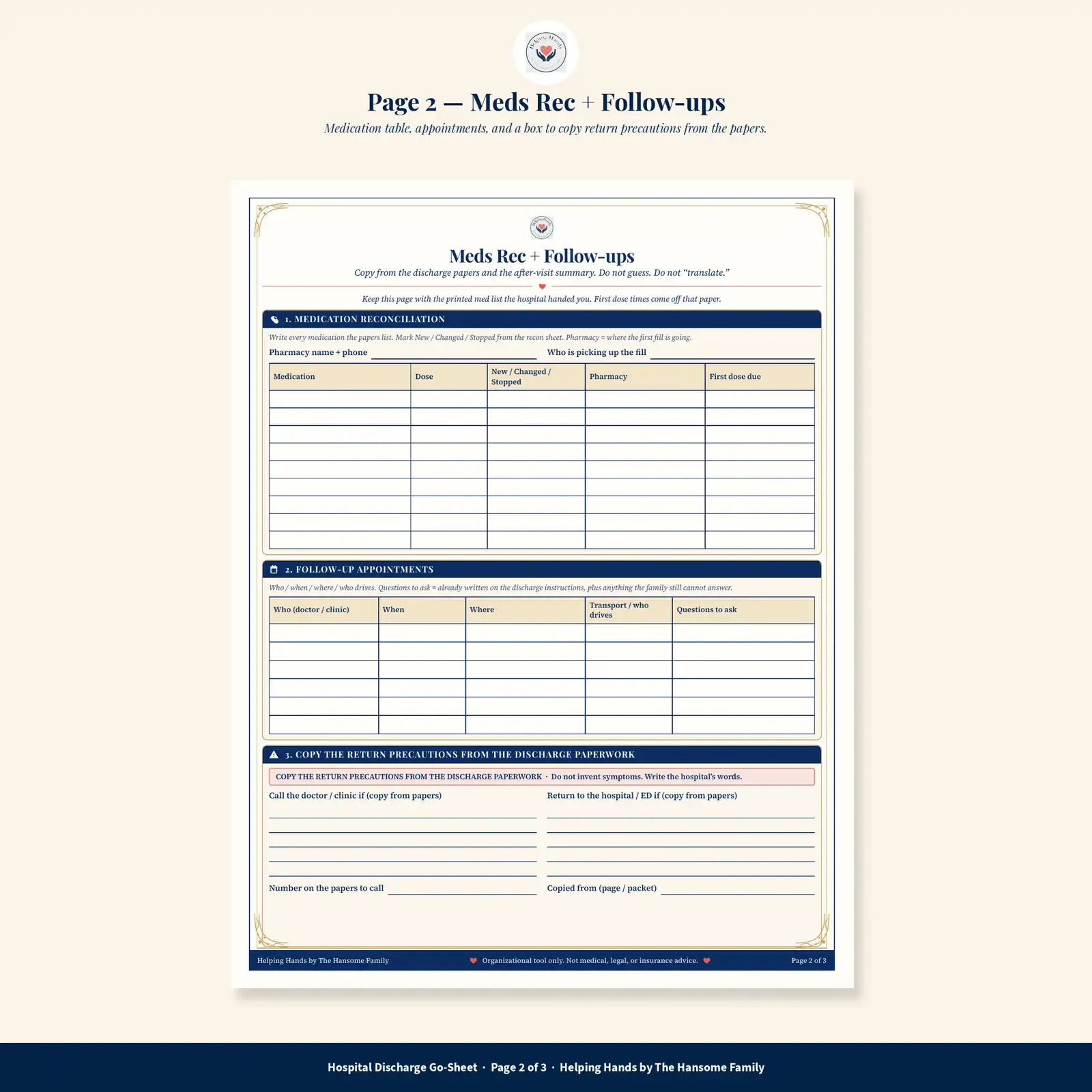 Page 2, medicine changes table and follow-up appointments
