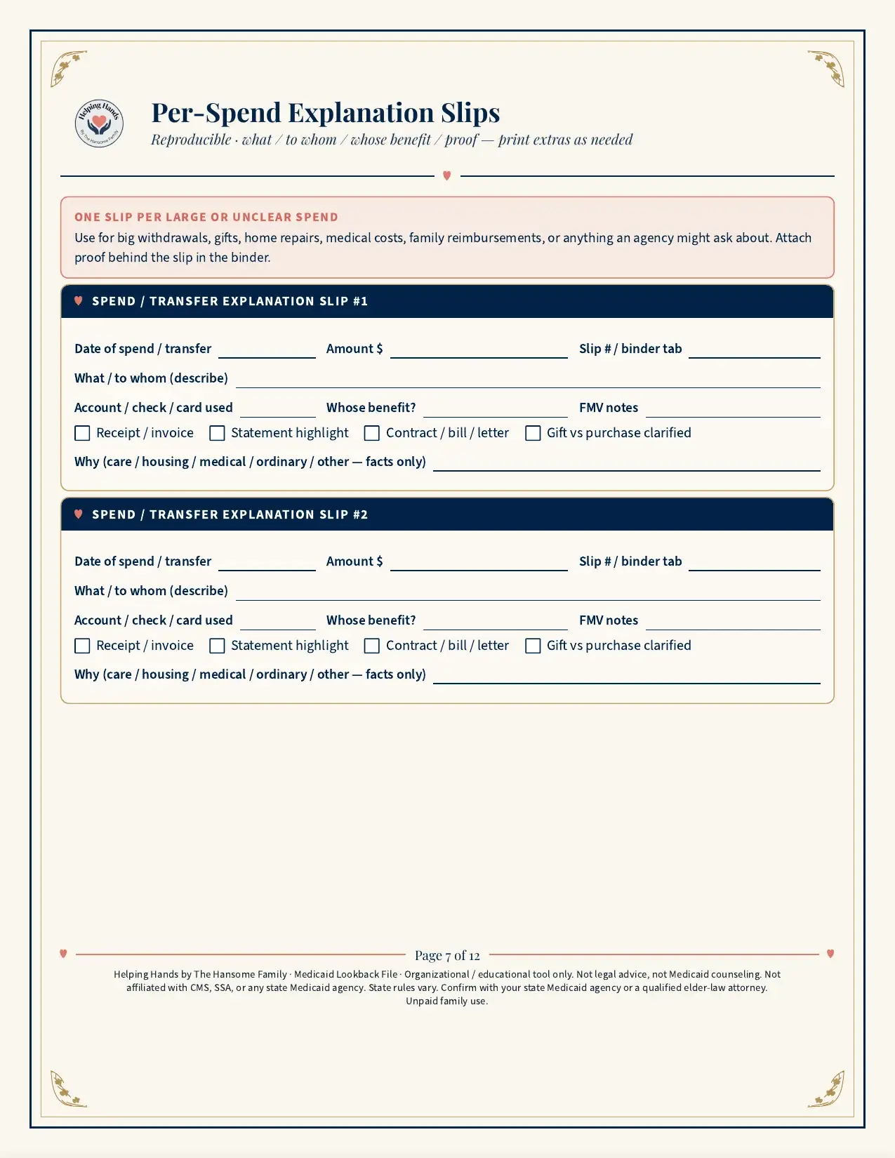 Spending explanation slips page