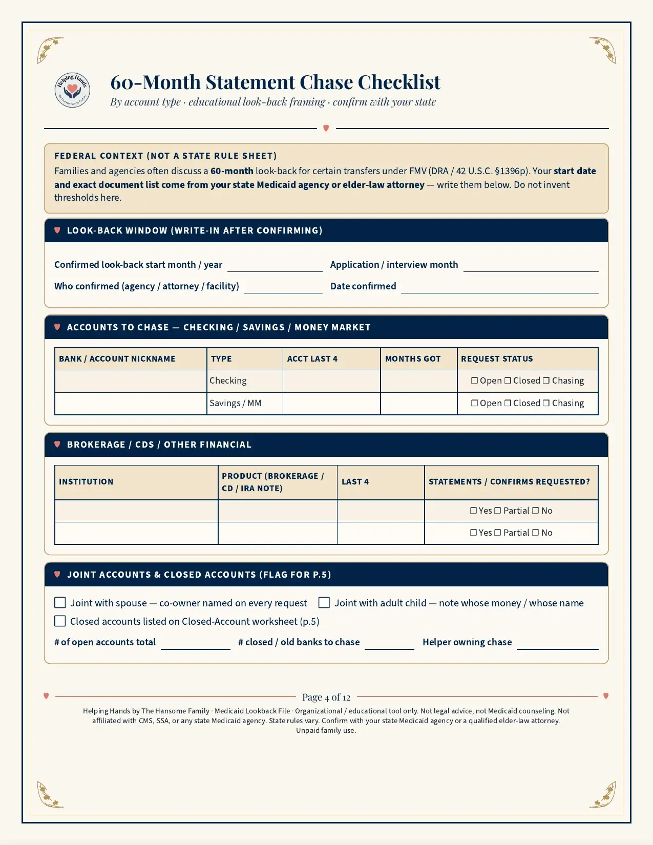 60-month statement chase checklist for bank, brokerage, and closed accounts
