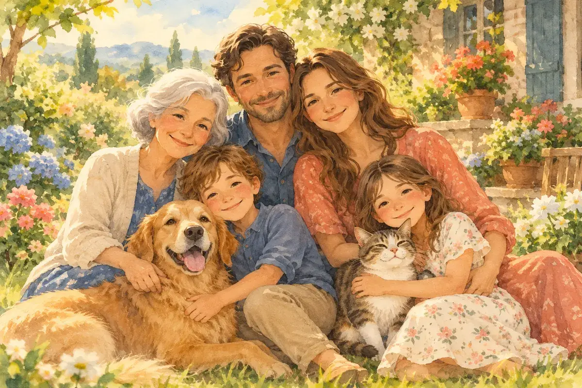 Watercolor family portrait in a garden: a grandmother, parents, two kids, a golden dog and a cat