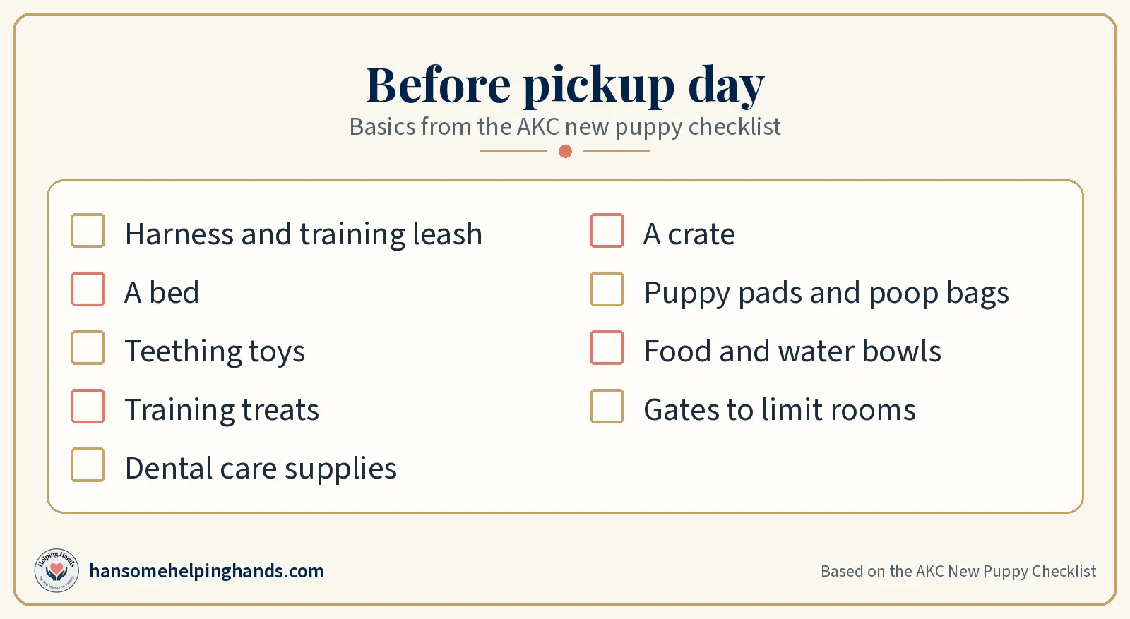 Printable before pickup day checklist: harness and leash, bed, teething toys, treats, dental supplies, crate, pads and bags, bowls, and gates