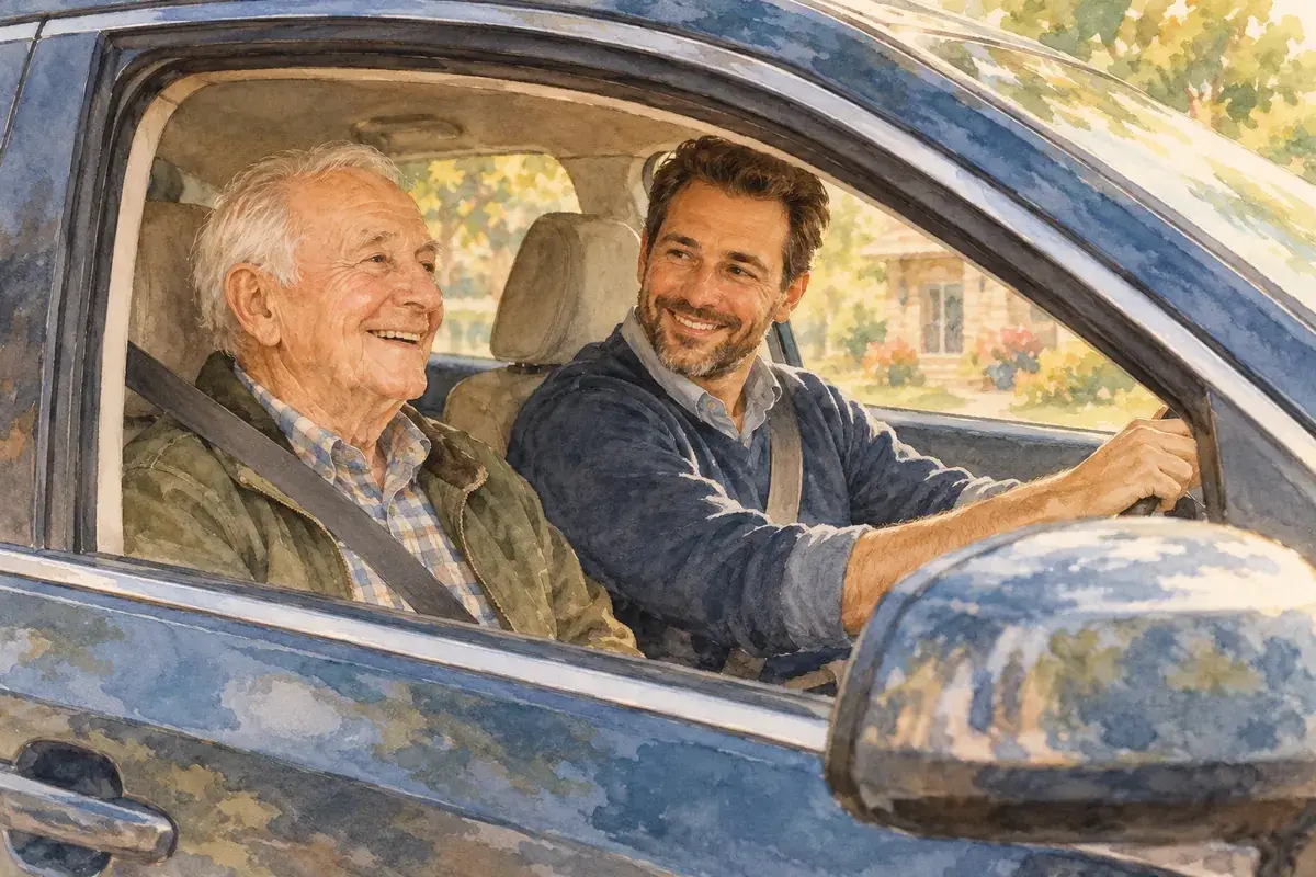 Watercolor of an adult son driving his smiling elderly father to an appointment