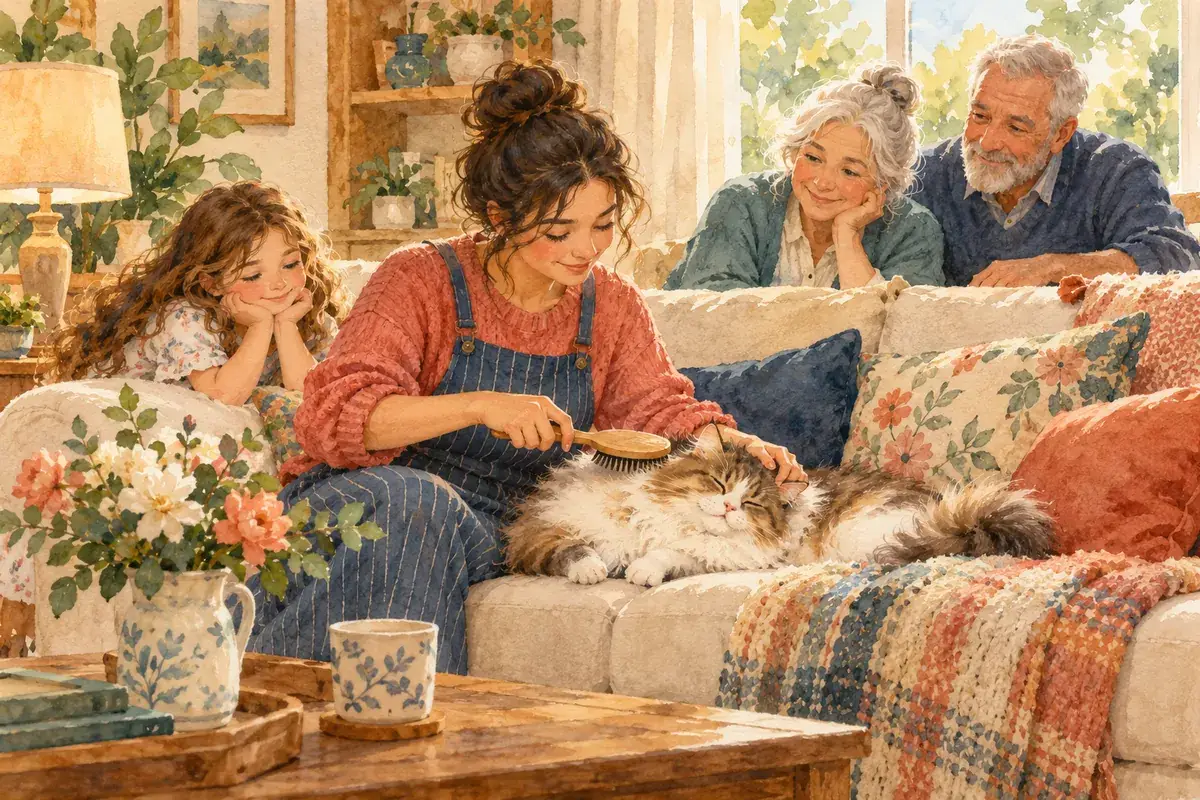 Watercolor of a cat sitter gently brushing a fluffy cat on a sofa while the family relaxes nearby
