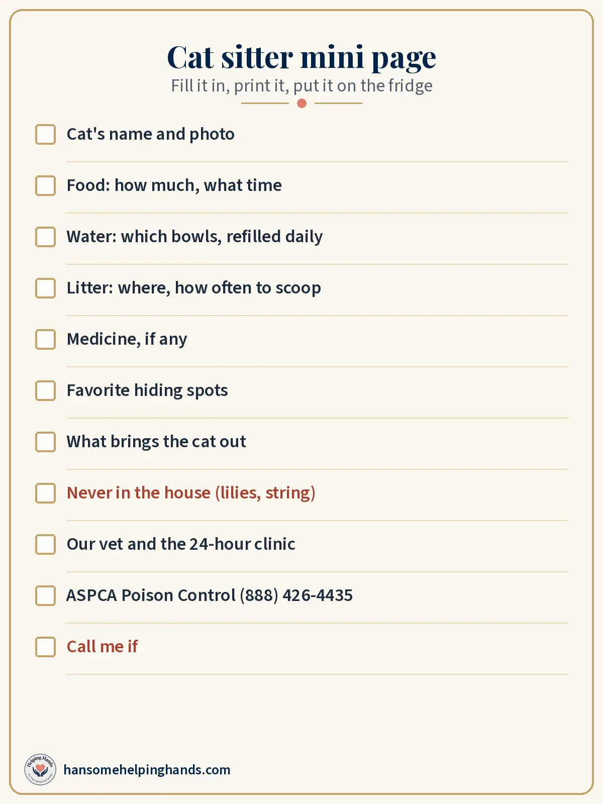 Printable cat sitter mini page with tick boxes for food, water, litter, medicine, hiding spots, lilies, the vet, poison control, and call me if