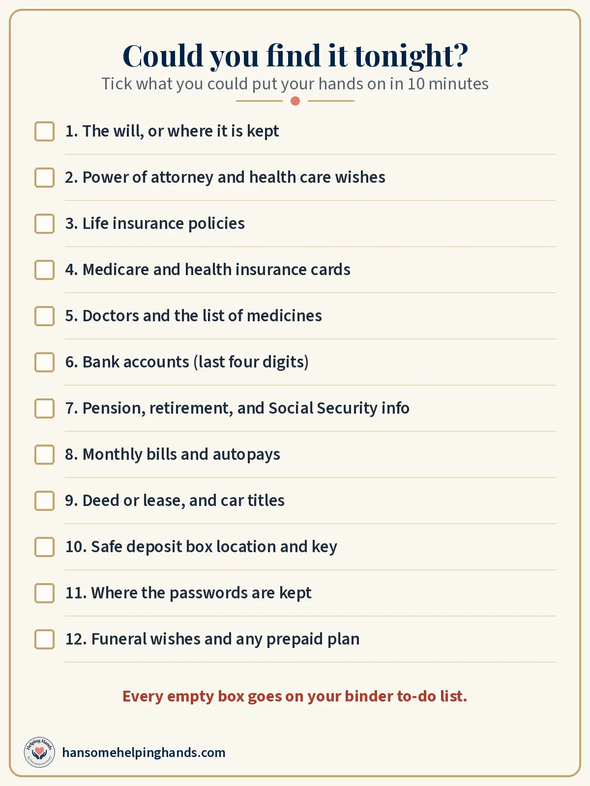 Printable Could you find it tonight checklist with 12 tick boxes, from the will to funeral wishes