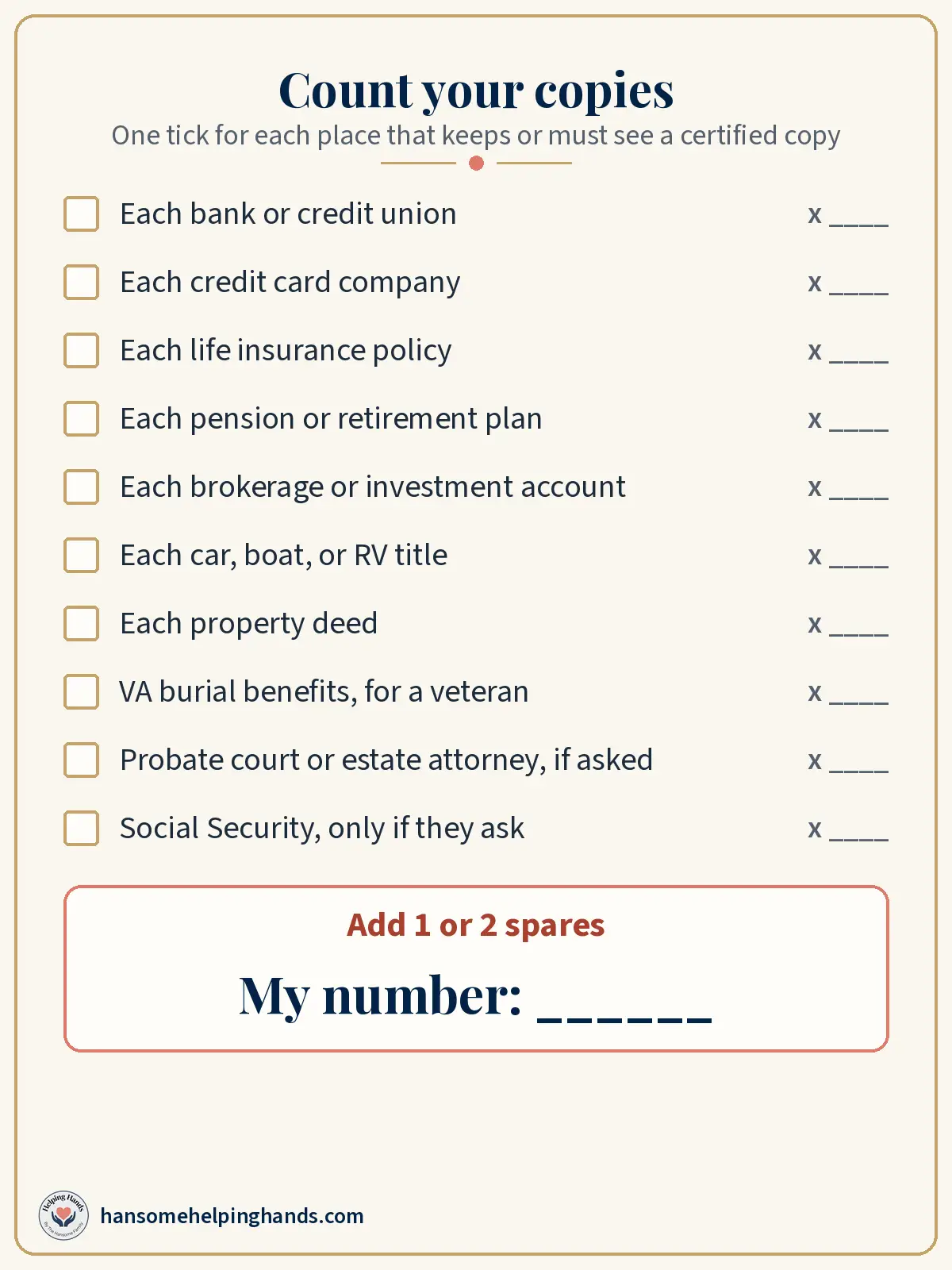 Printable one-page checklist with tick boxes for banks, credit cards, life insurance, pensions, titles, deeds, VA, and spares, with a line for your number
