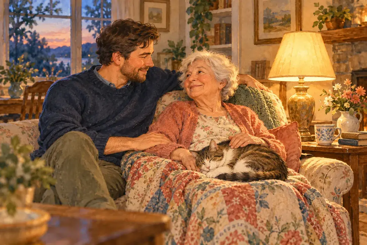 Watercolor of an adult son sitting with his elderly mother by a warm lamp in the evening, a cat curled on her lap