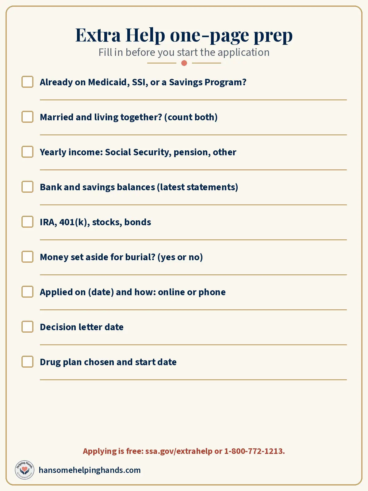 Printable one-page Extra Help prep sheet with blanks for automatic programs, income, bank balances, retirement accounts, burial money, and decision letter