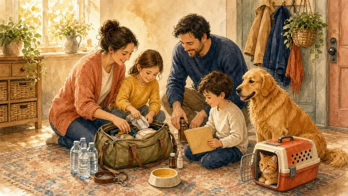 Watercolor of a mother, father, and two kids packing a pet emergency go-bag with water, food, and medicine while their golden retriever and an orange cat in a carrier wait by the door