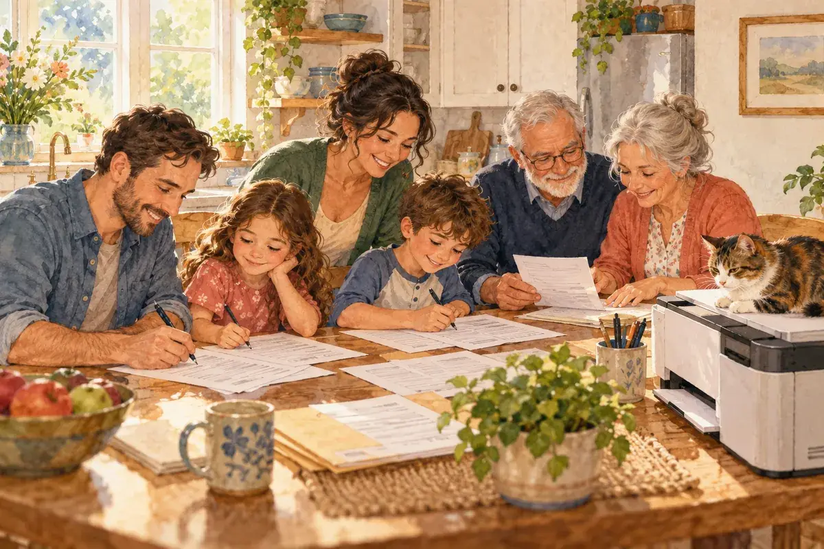 Watercolor of a family filling out printed pages at the kitchen table while a cat sits on top of the printer