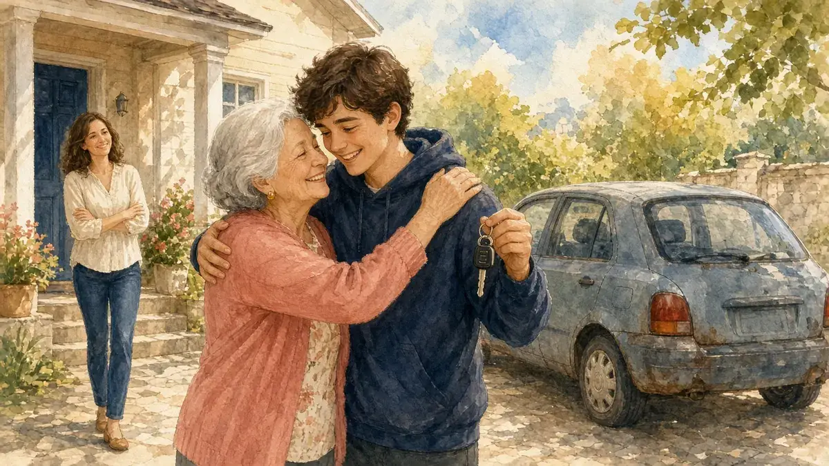 Watercolor of a grandmother hugging her smiling teenage grandson as he holds the keys to his first used car, while his mother watches from the porch