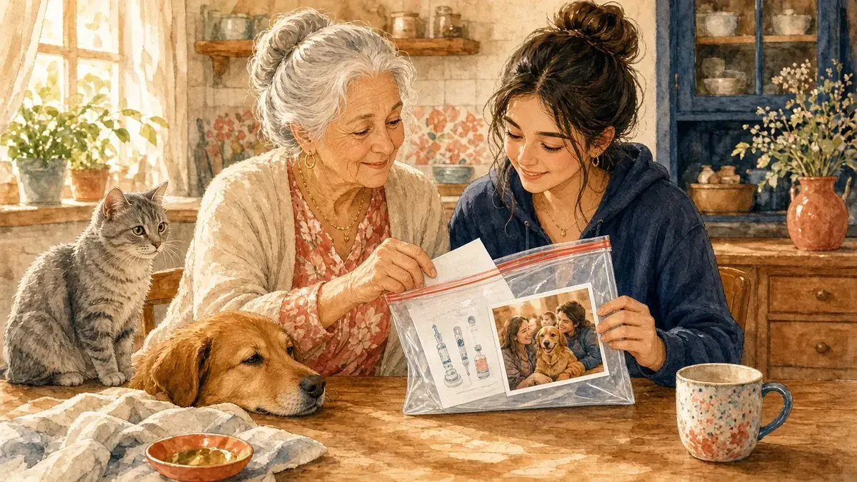 Watercolor of a grandmother and her teenage granddaughter sliding vet papers and a family photo with their dog into a clear waterproof bag at the kitchen table, with a gray cat and a golden dog beside them