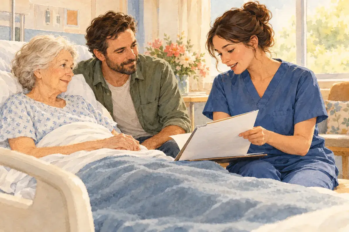 Watercolor of a nurse explaining discharge papers to an elderly mother in a hospital bed and her adult son