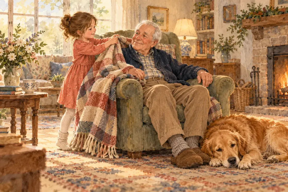 Watercolor of an elderly father home in his armchair while his granddaughter brings a blanket and the family dog lies at his feet