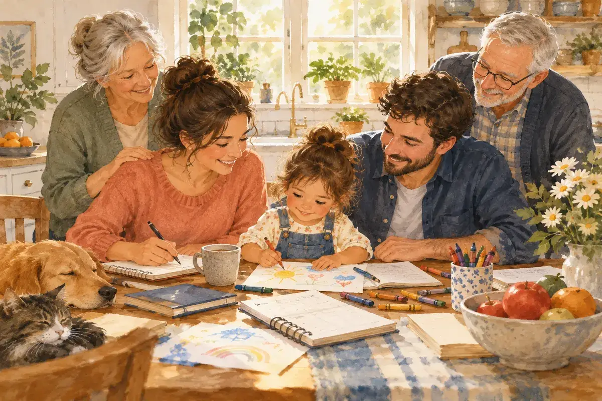 Watercolor of a three-generation family at the kitchen table with notes and crayons, getting ready for a school meeting