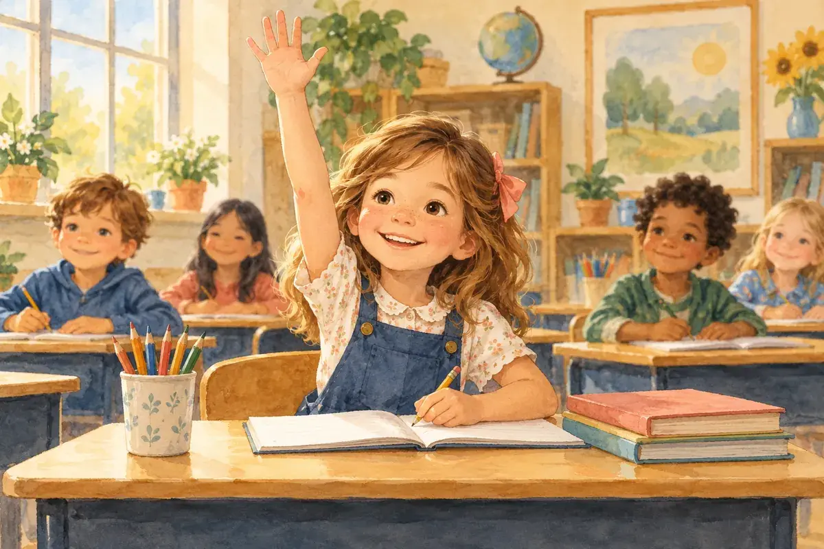 Watercolor of a happy girl at her school desk raising her hand in a cheerful classroom