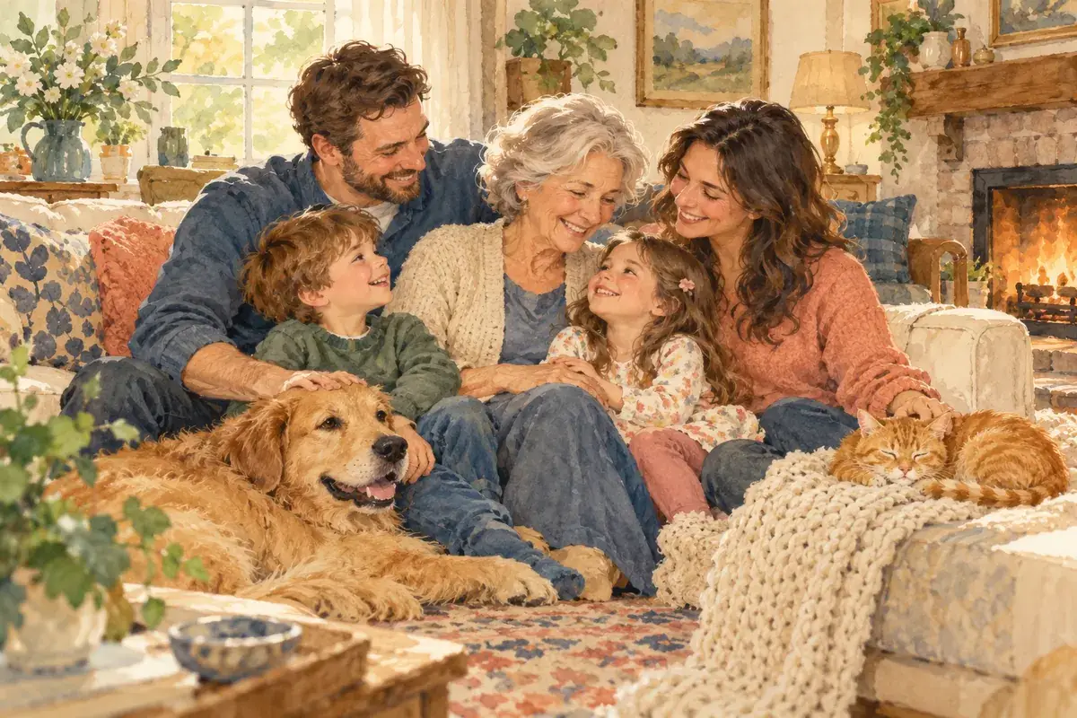 Watercolor of a grandmother, her adult son and daughter-in-law and two grandchildren in a cozy living room with a golden dog and an orange cat