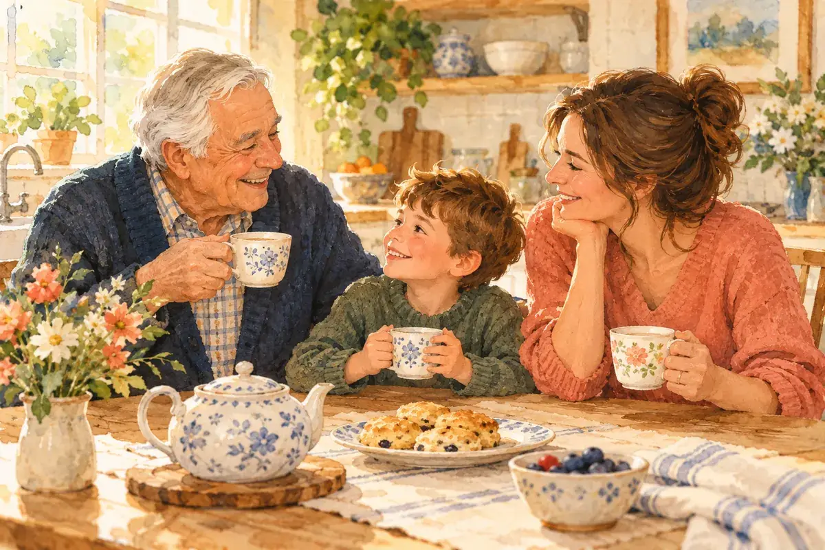 Watercolor of an elderly father at the kitchen table smiling with his adult daughter and grandson over cups of tea