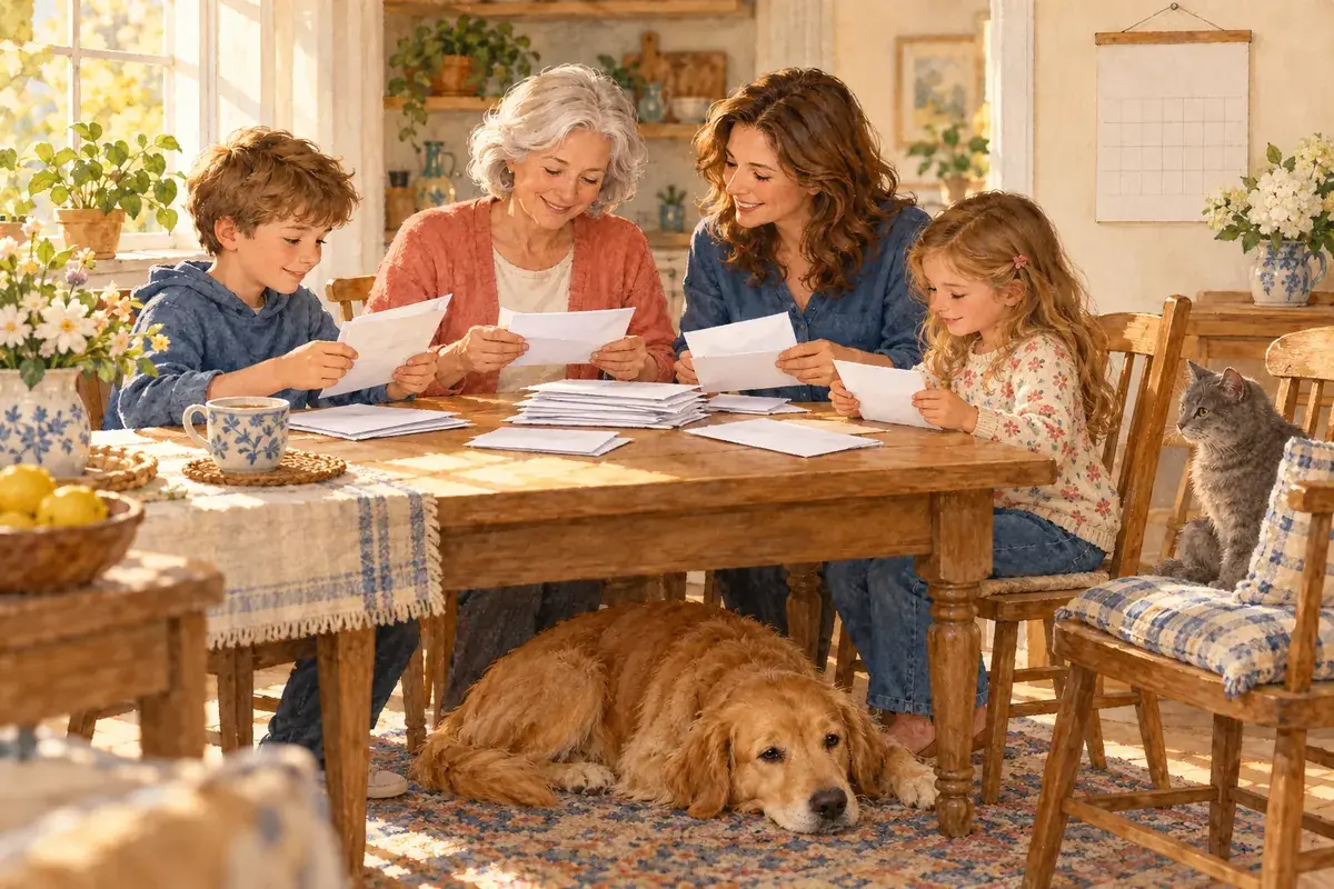 Watercolor of a grandmother, her adult daughter, and two grandkids sorting Medicare mail at a kitchen table, a golden retriever and a gray cat nearby
