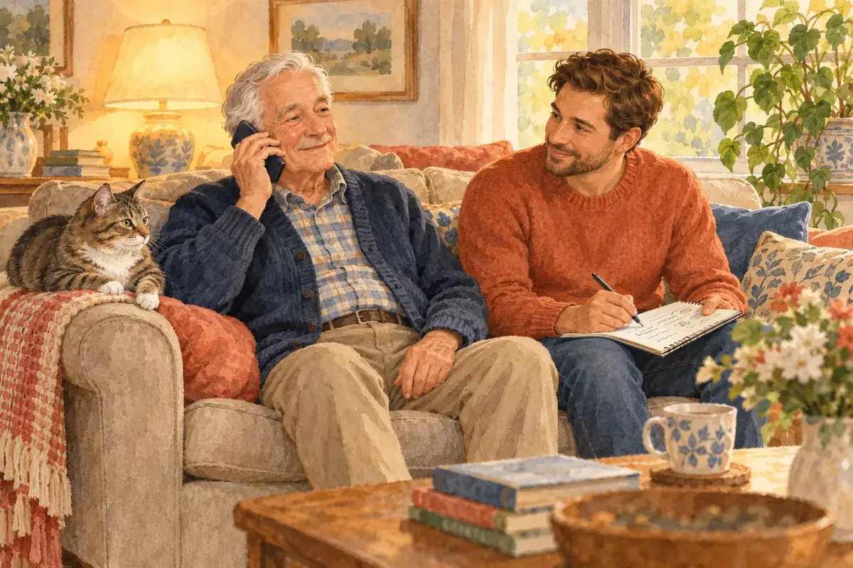 Watercolor of an elderly father on a calm phone call with a counselor while his adult son takes notes beside him on the sofa, a tabby cat on the armrest