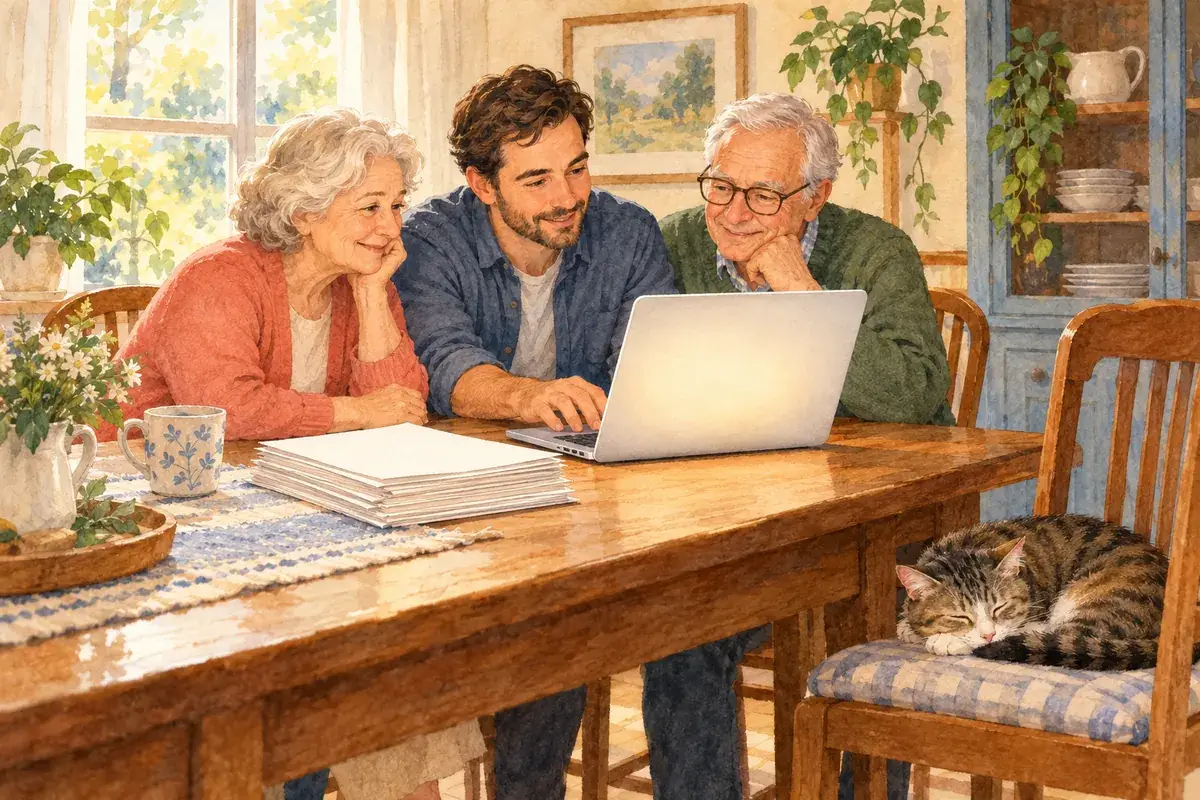 Watercolor of an adult son helping his parents apply for Extra Help on a laptop at the dining table, bank statements stacked and a tabby cat on a chair