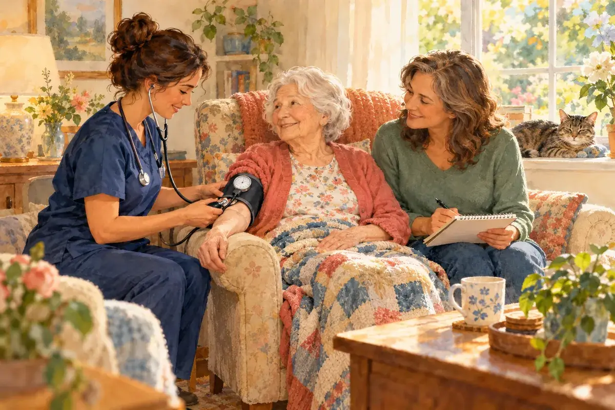 Watercolor of a visiting nurse checking an elderly mother's blood pressure in her armchair while her daughter sits beside her with a notepad
