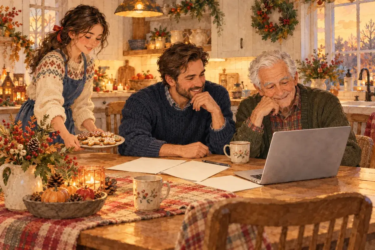 Watercolor of an adult son and his father at a holiday kitchen table with papers and a laptop while a teen granddaughter brings cookies