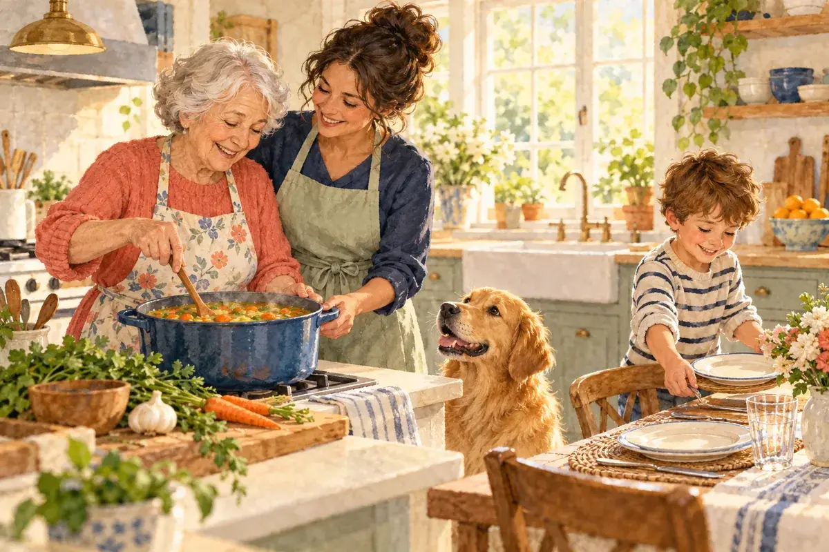 Watercolor of a grandmother stirring soup with her adult daughter's help while her young grandson sets the table and a golden retriever watches