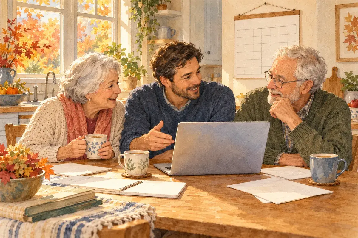 Watercolor of grandparents and their adult son at a kitchen table with a calendar, a laptop and tea, planning open enrollment together