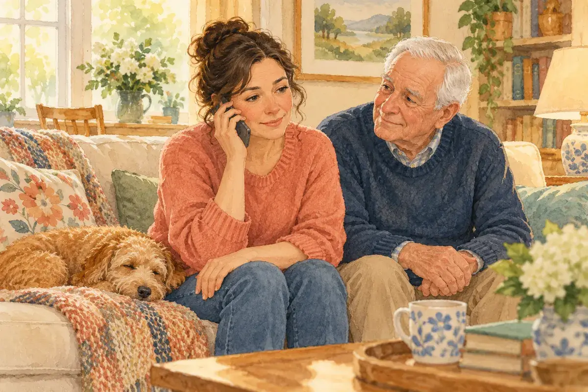 Watercolor of an adult daughter on a phone call with a counselor while her elderly father listens beside her on the couch