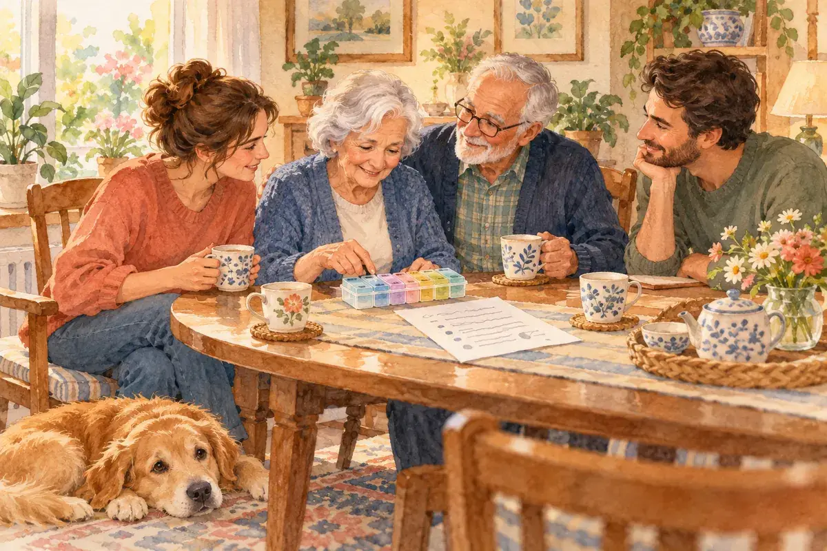 Watercolor of a three-generation family at the table with tea, a pill organizer and a medicine list, a golden dog resting at their feet