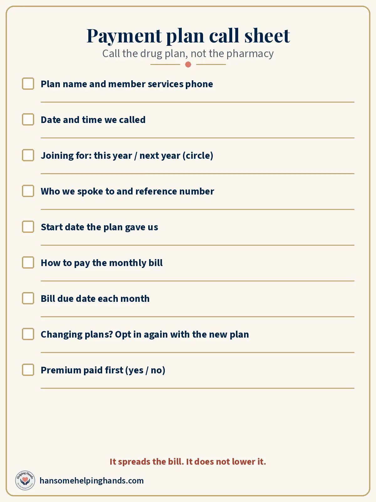 Printable call sheet with blanks for the plan phone, date called, which year, reference number, start date, how to pay, due date, and premium paid first