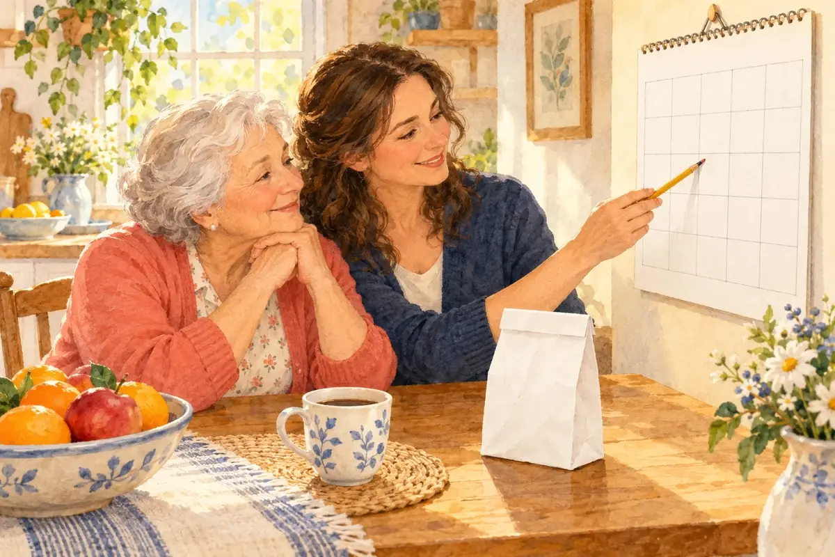Watercolor of an elderly mother and her adult daughter at a sunny kitchen table, the daughter pointing to a blank wall calendar beside a small pharmacy bag