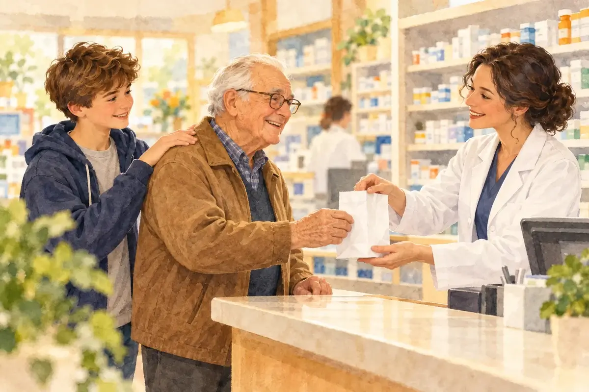 Watercolor of a smiling grandfather receiving a small pharmacy bag from a kind pharmacist, his teenage grandson's hand on his shoulder