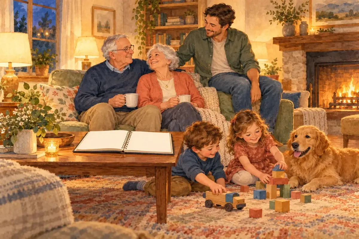 Watercolor of grandparents on the sofa with an open planner, their son beside them and grandchildren playing with a golden retriever