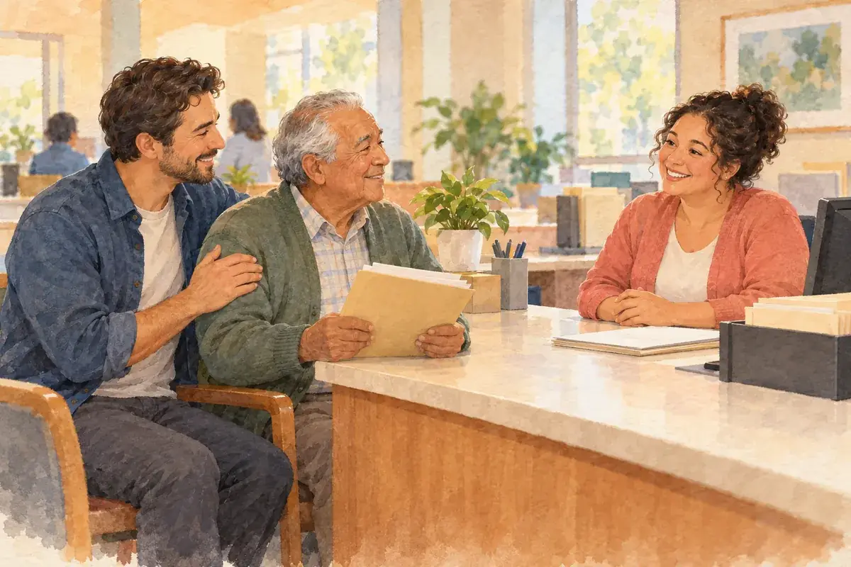 Watercolor of an adult son with his hand on his older father's shoulder at a county office counter, the father holding a folder as a caseworker smiles