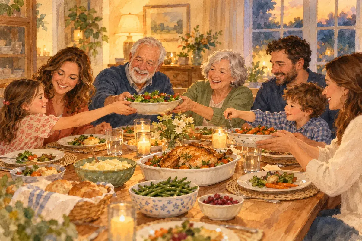 Watercolor of grandparents passing dishes at a lamp-lit family dinner with their adult children and young grandchildren