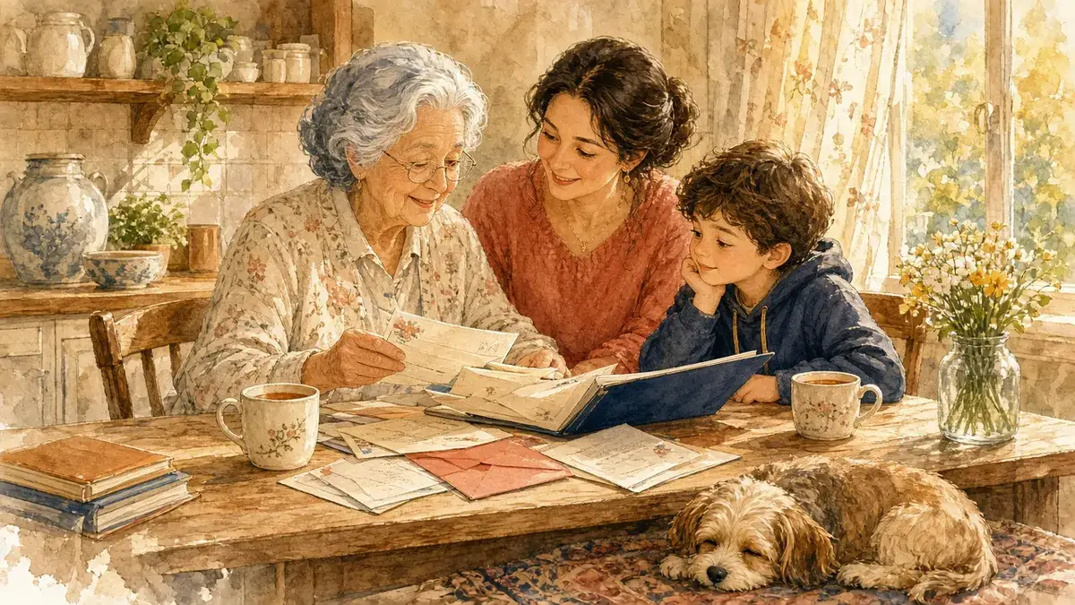Watercolor of an older mother at the kitchen table with her adult daughter and grandson, going through envelopes and bank statements together