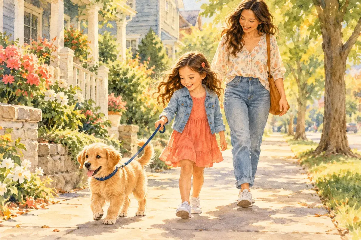 Watercolor of a girl walking a puppy on a leash along a sunny sidewalk with her mother nearby