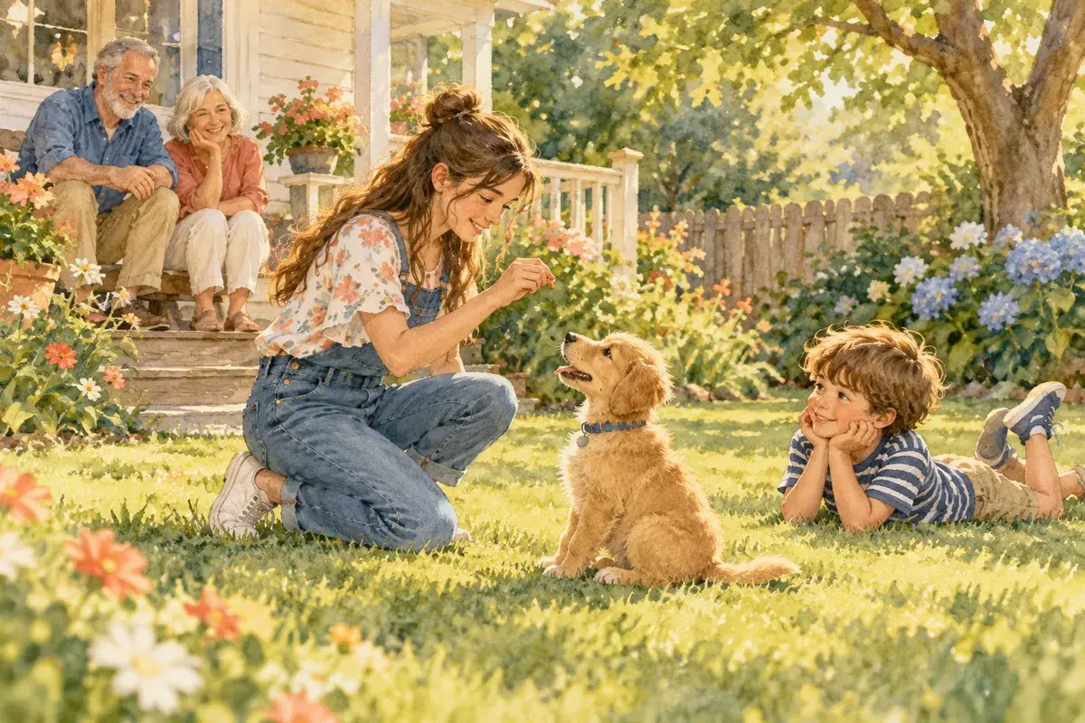 Watercolor of a young woman training a puppy to sit in a sunny backyard while a younger brother watches