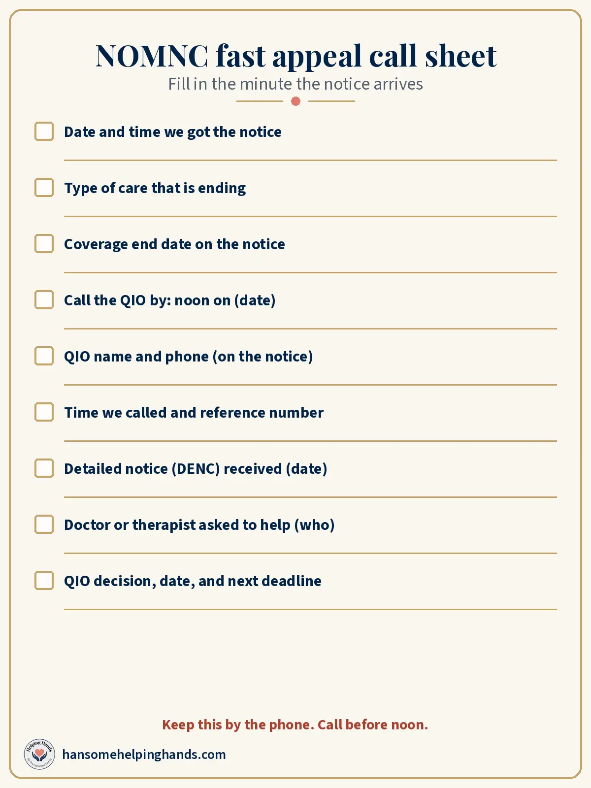 Printable call sheet with blanks for the notice date, end date, noon deadline, QIO phone, reference number, DENC date, doctor contact, and the decision